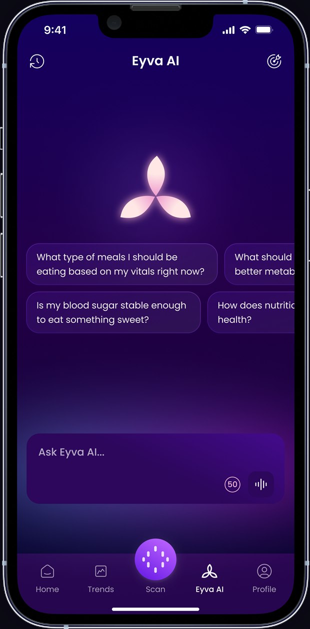 The EYVA app's AI screen, showing a plain-language insight and a suggested next step.