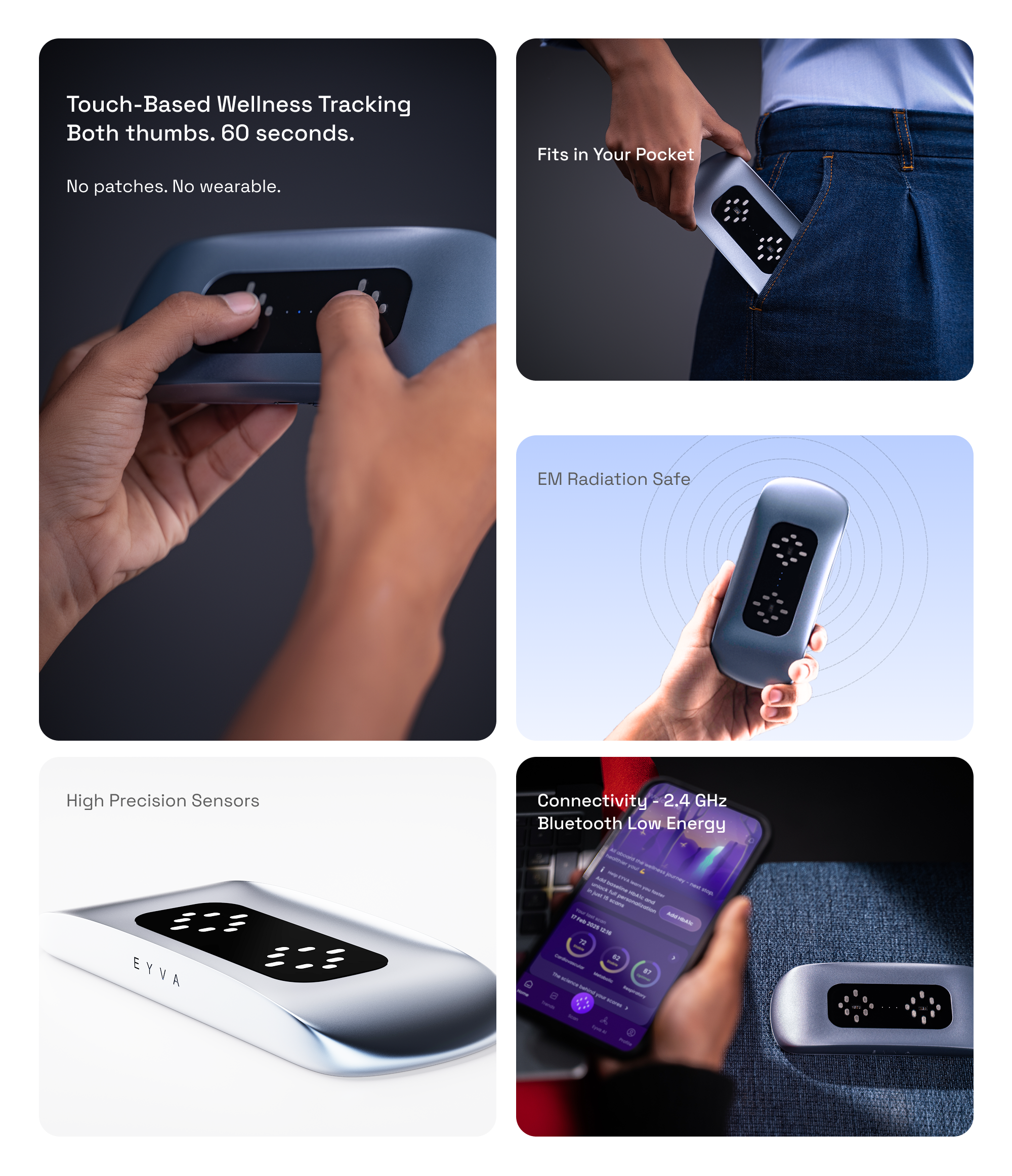 EYVA features: touch-based tracking, pocket-size, EM-radiation safe, FDA-grade nine-sensor fusion, 2.4 GHz Bluetooth